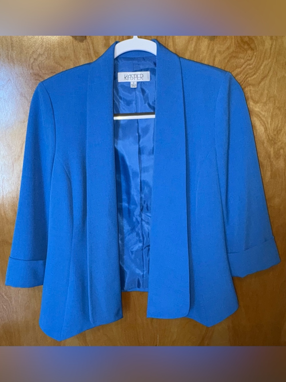 Kasper aqua blue folded collar drape open front 3/4 sleeve blazer Size 6
